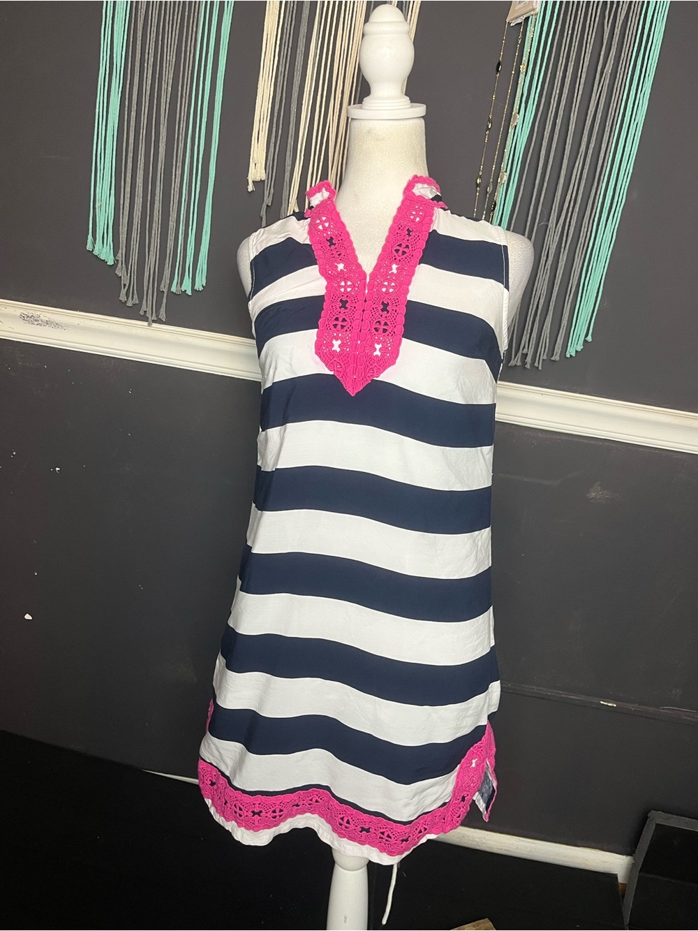 Crown & Ivy white & navy striped dress with pink crochet trim, size XS